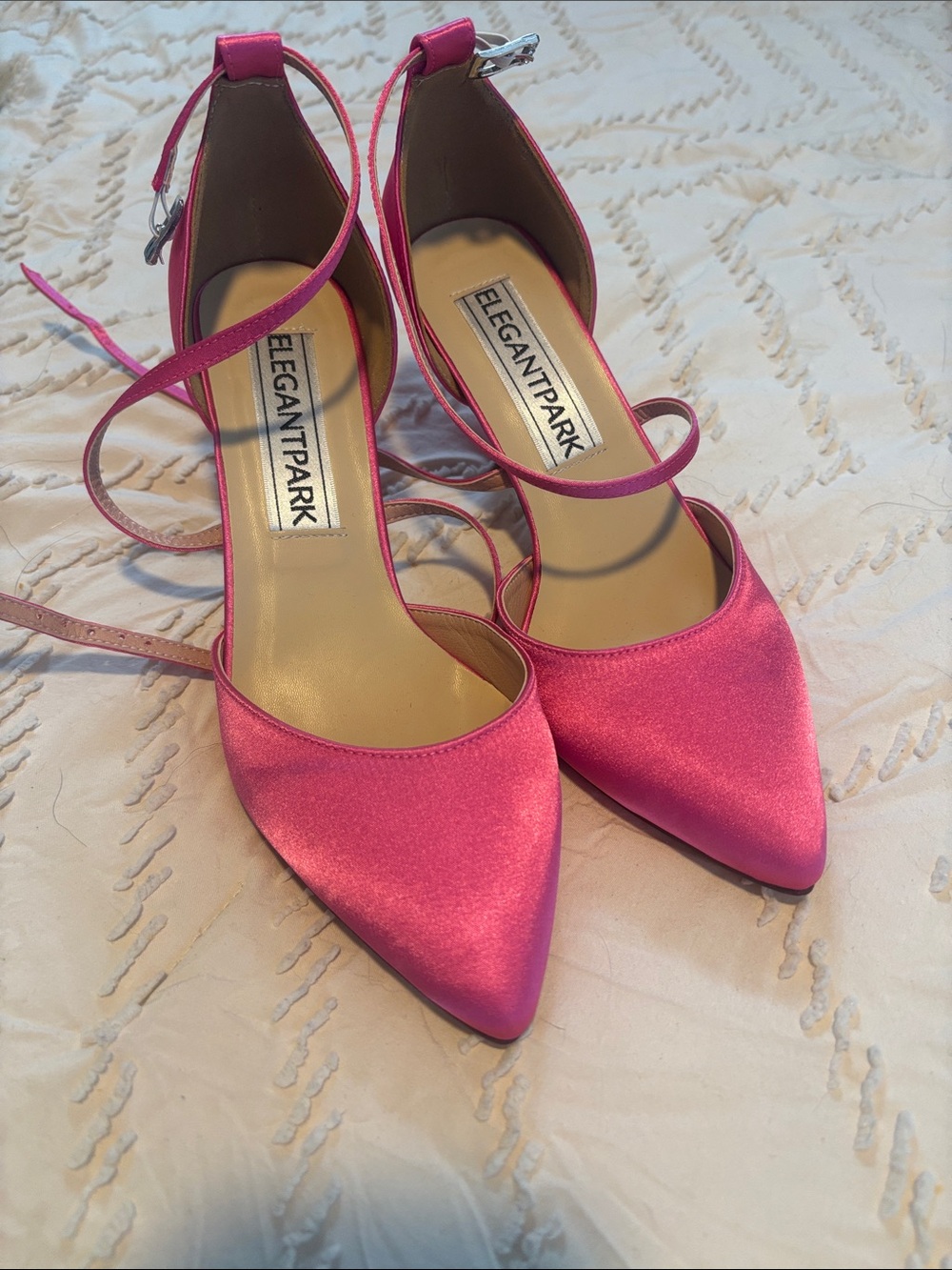 ElegantPark Women's Pink Satin Pointed-Toe Ankle Wrap Heels
